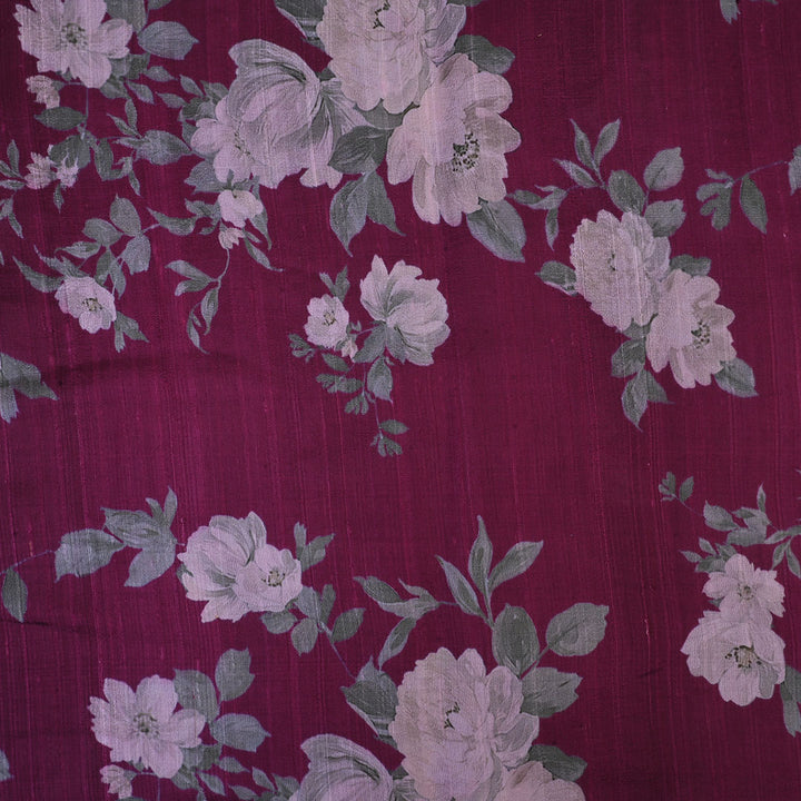 Wine Purple Floral Printed Rawsilk Fabric