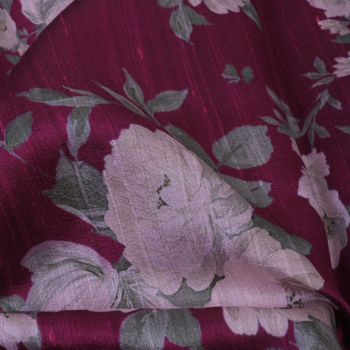 Wine Purple Floral Printed Rawsilk Fabric