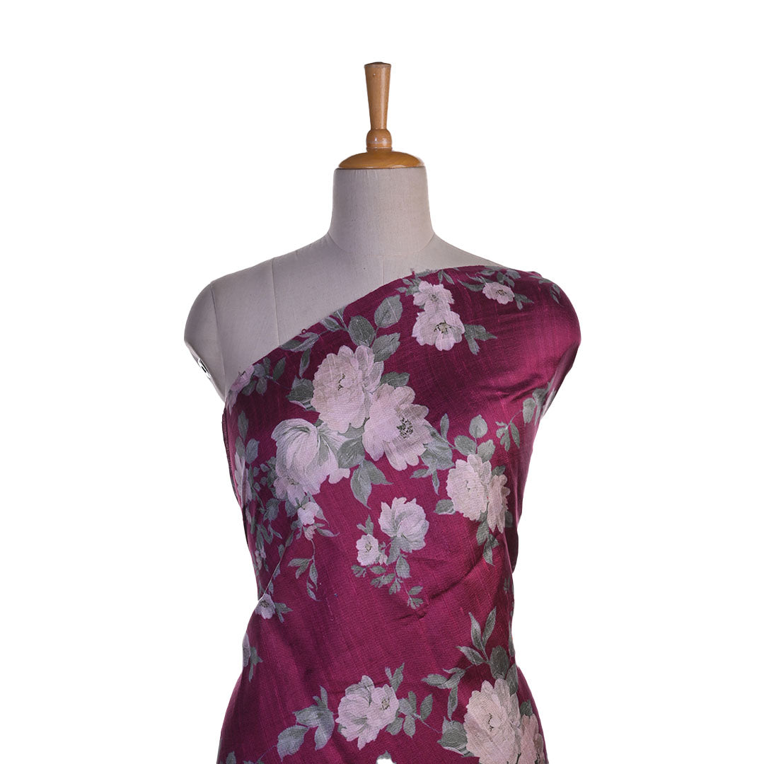 Wine Purple Floral Printed Raw Silk Fabric