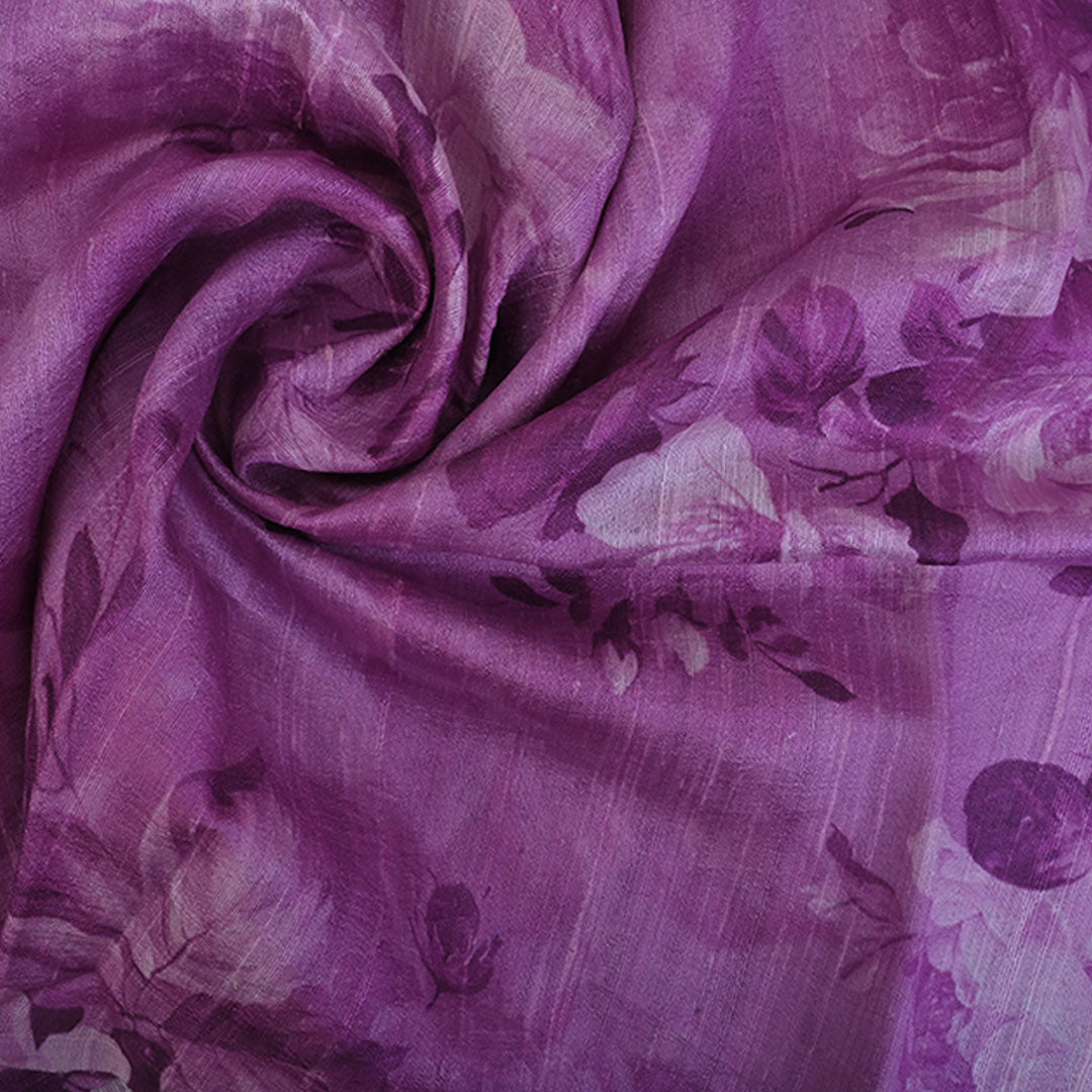 Pearly Purple Floral Printed Raw Silk Fabric