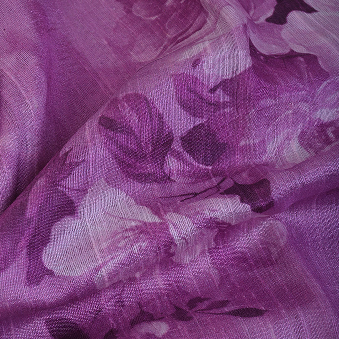 Pearly Purple Floral Printed Raw Silk Fabric