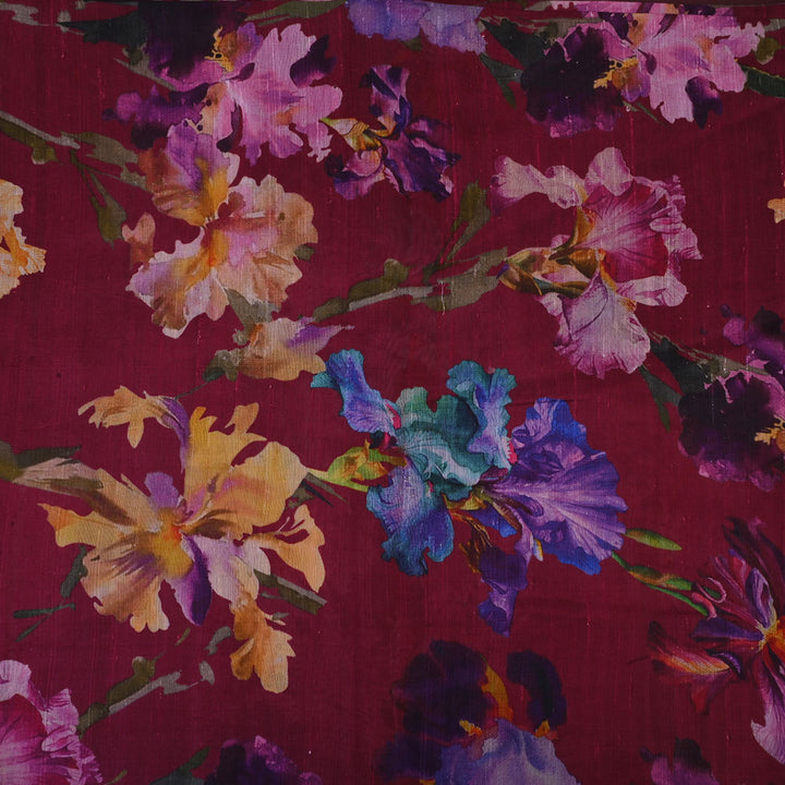 Maroon Floral Printed Rawsilk Fabric