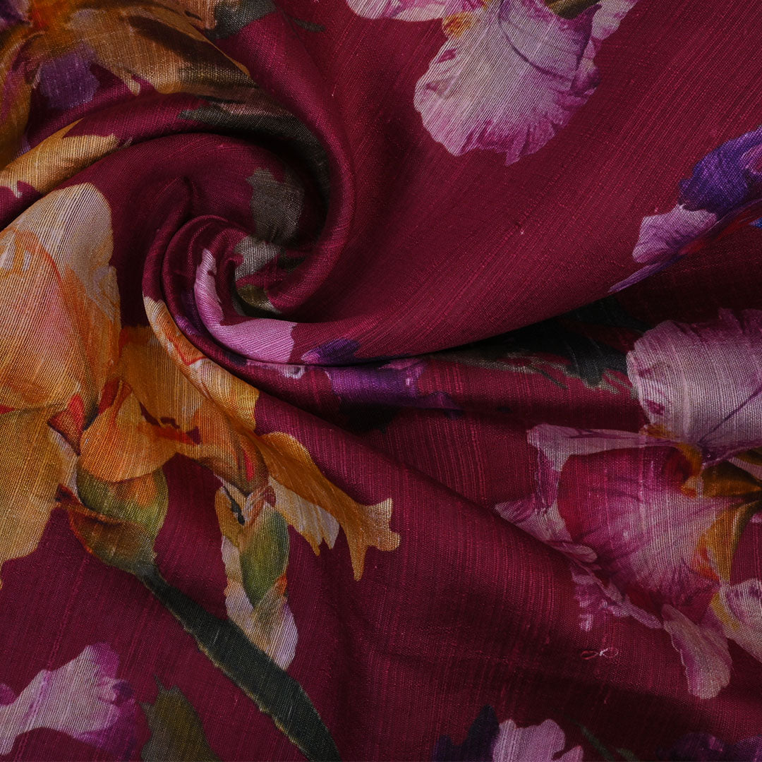 Maroon Floral Printed Rawsilk Fabric