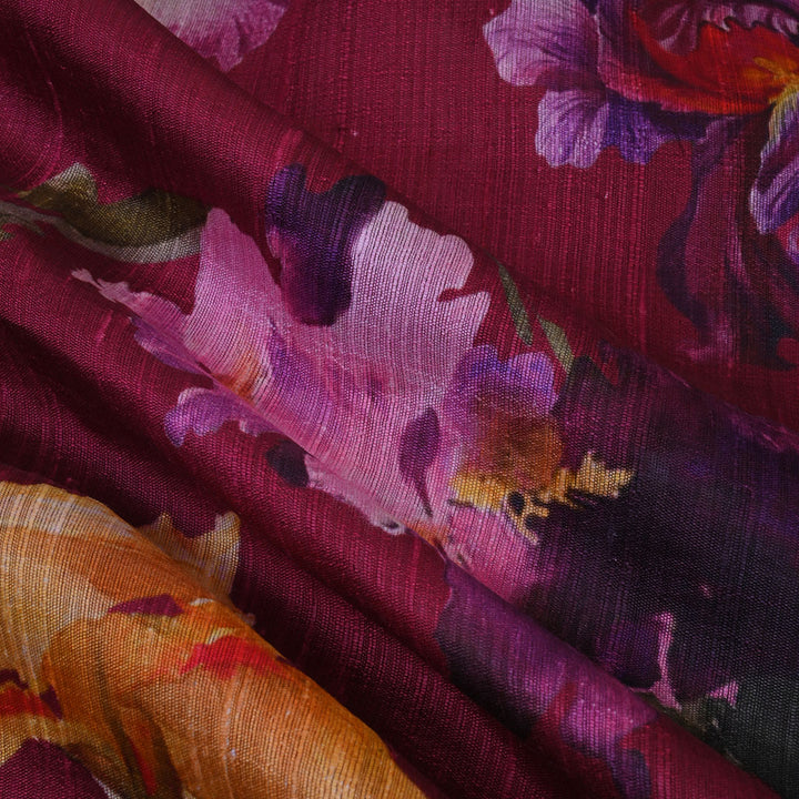 Maroon Floral Printed Rawsilk Fabric