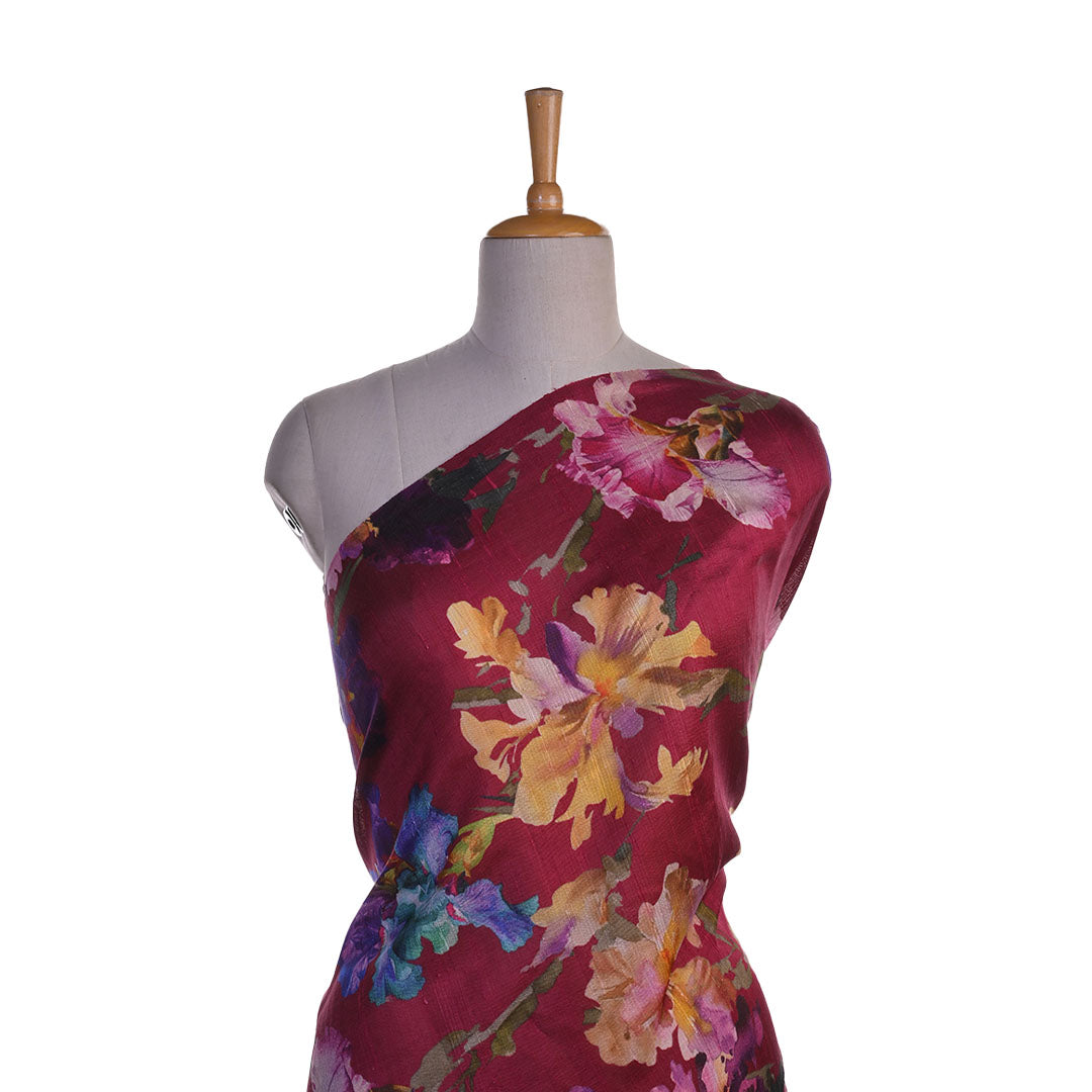 Maroon Floral Printed Rawsilk Fabric