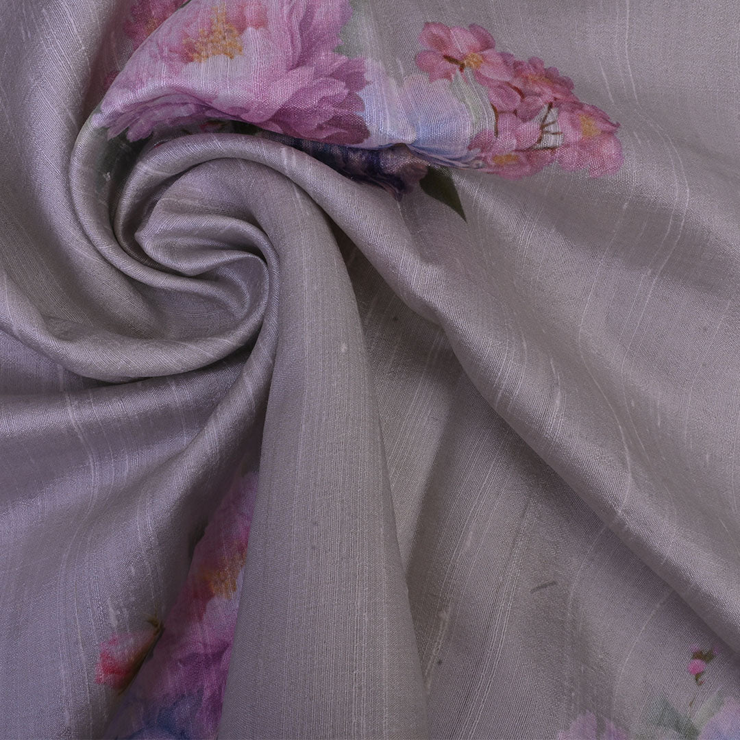 Light Gray Floral Printed Rawsilk Fabric