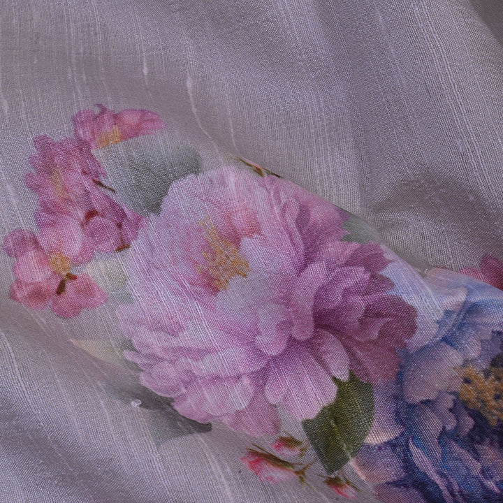 Light Gray Floral Printed Rawsilk Fabric