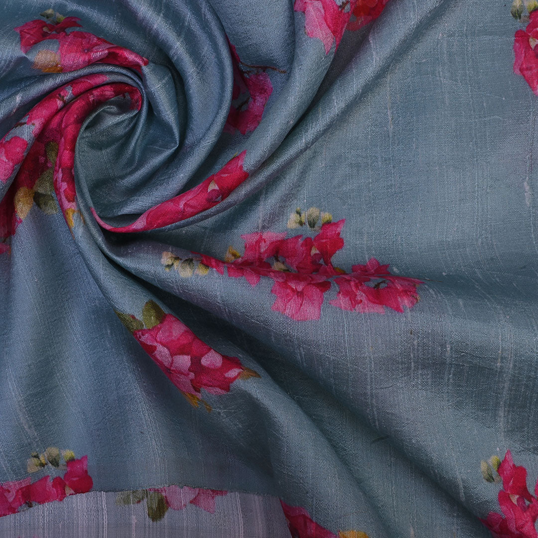 Ocean Blue Floral Printed Rawsilk Fabric