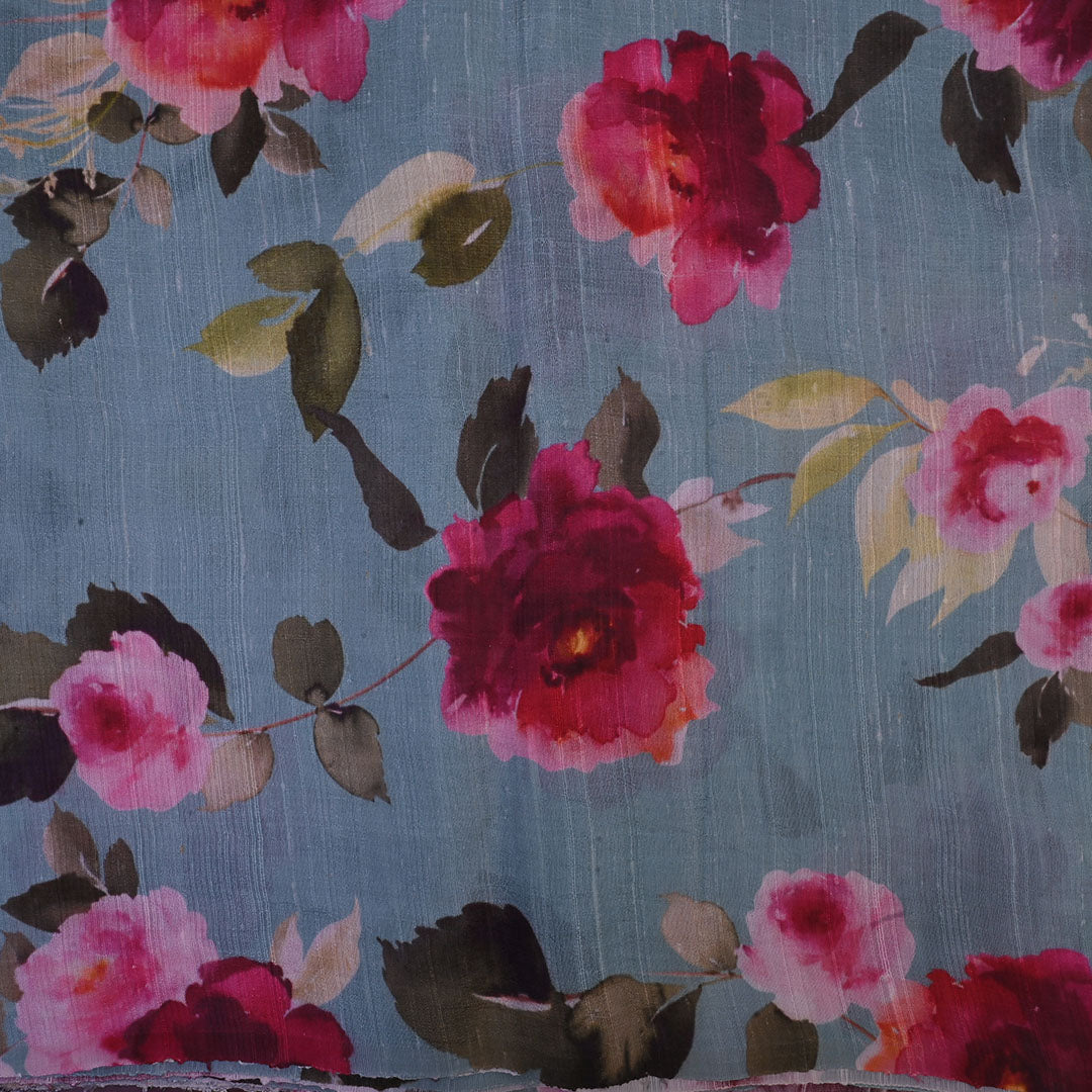 Light Blue Floral Printed Rawsilk Fabric