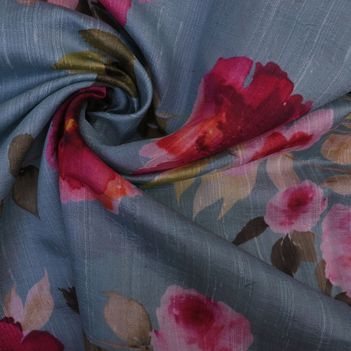 Light Blue Floral Printed Rawsilk Fabric