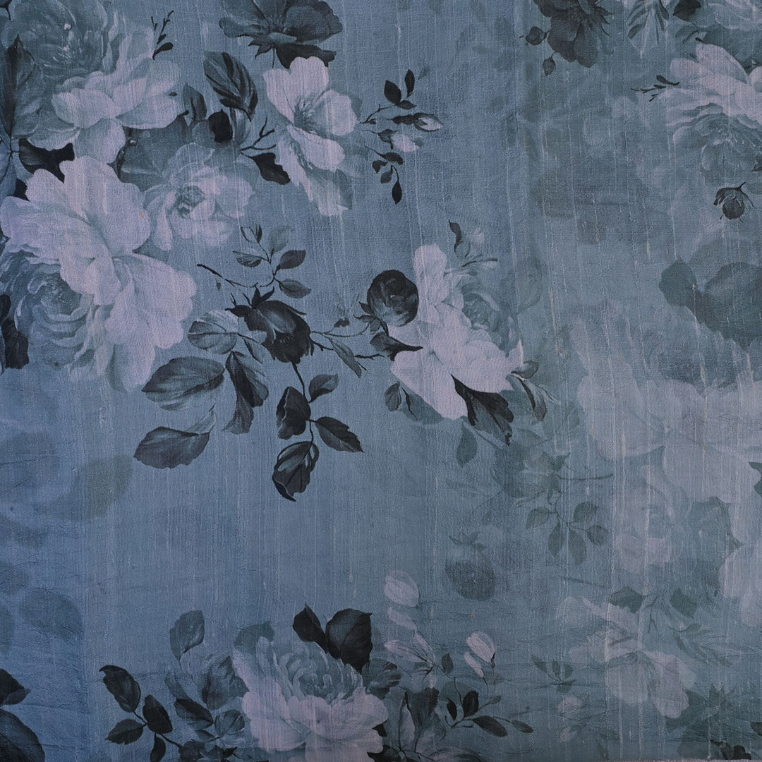 Ice Blue Floral Printed Rawsilk Fabric