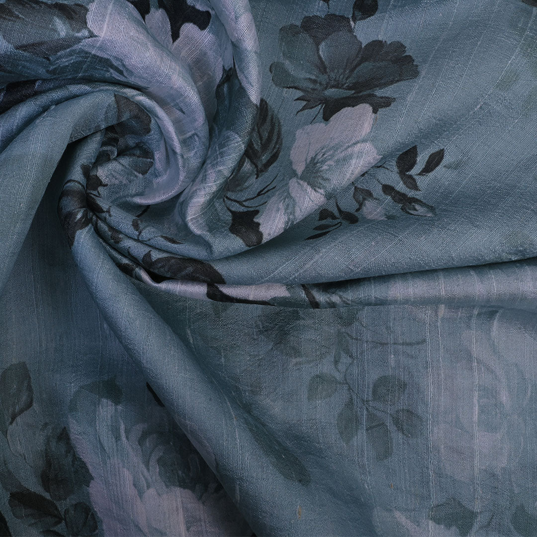 Ice Blue Floral Printed Rawsilk Fabric