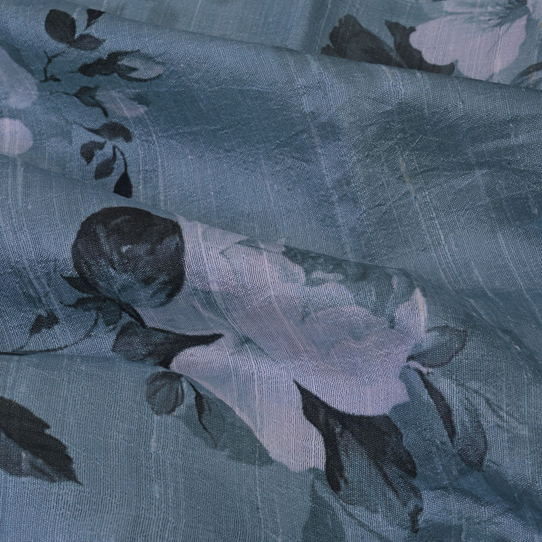 Ice Blue Floral Printed Rawsilk Fabric