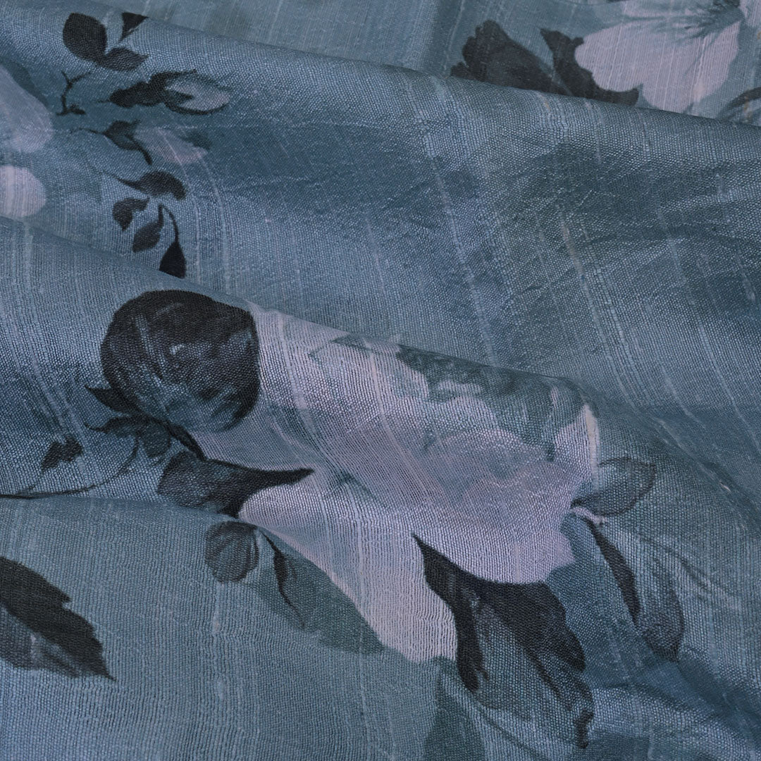 Ice Blue Floral Printed Raw Silk Fabric