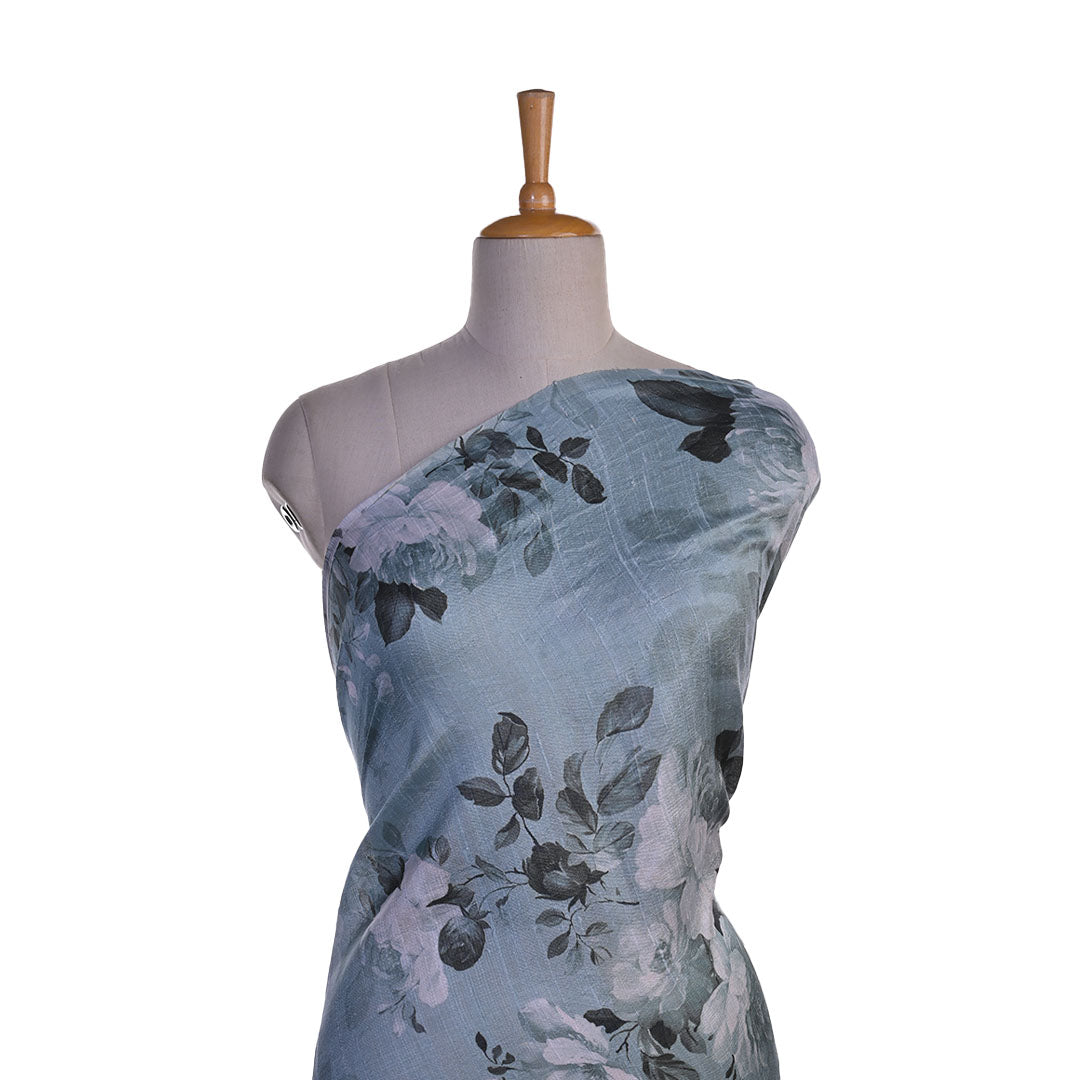 Ice Blue Floral Printed Raw Silk Fabric