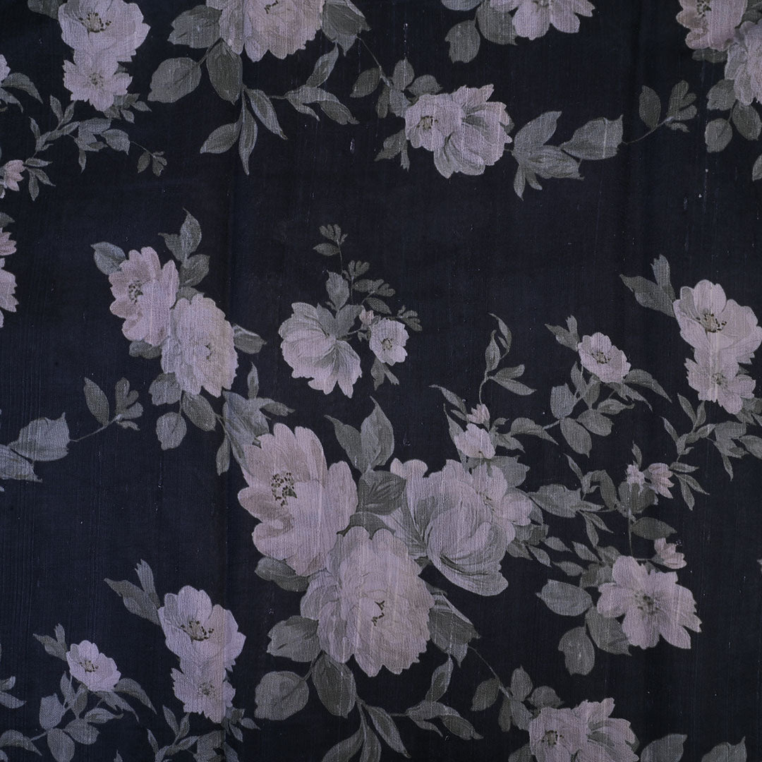 Jet Black Floral Printed Rawsilk Fabric