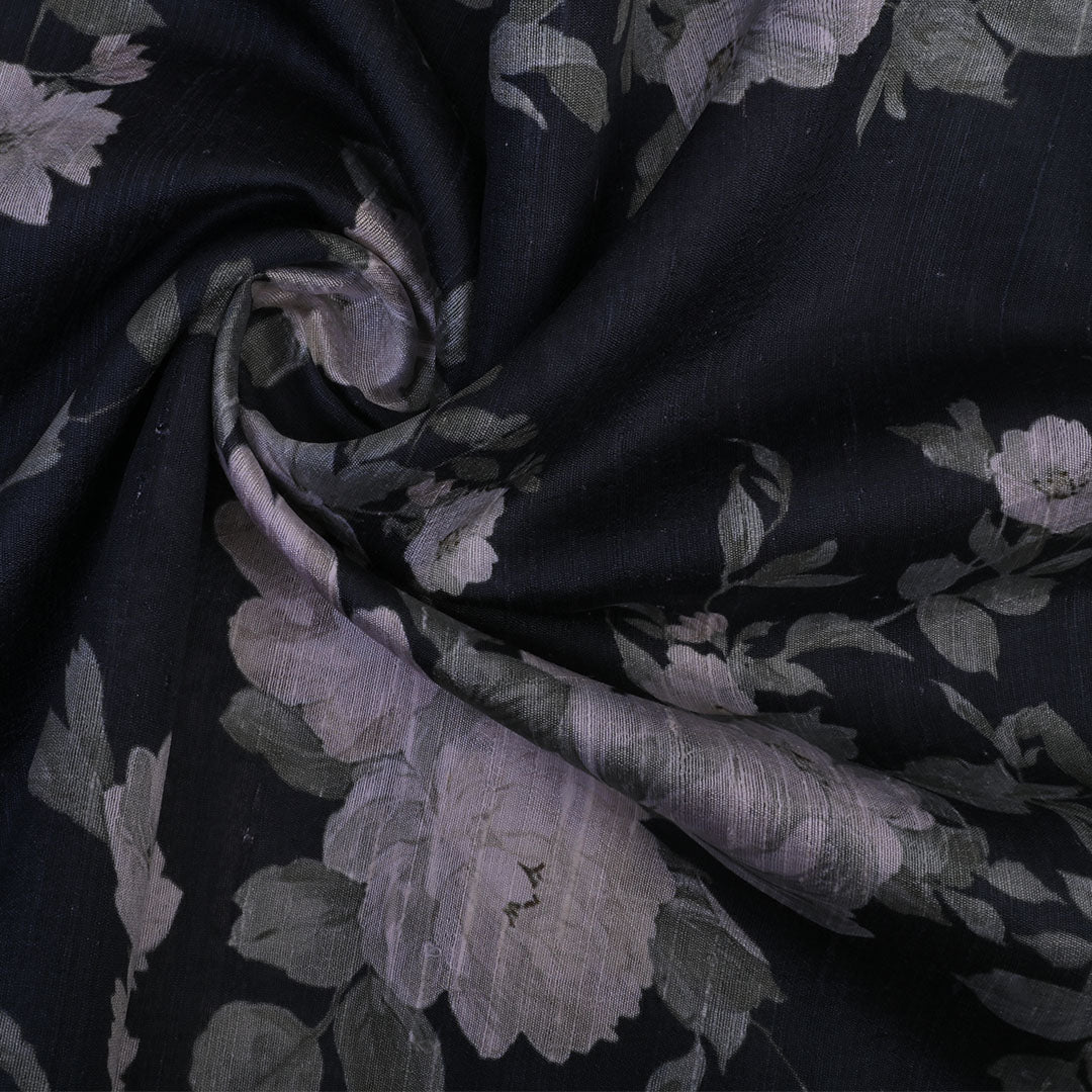 Jet Black Floral Printed Rawsilk Fabric