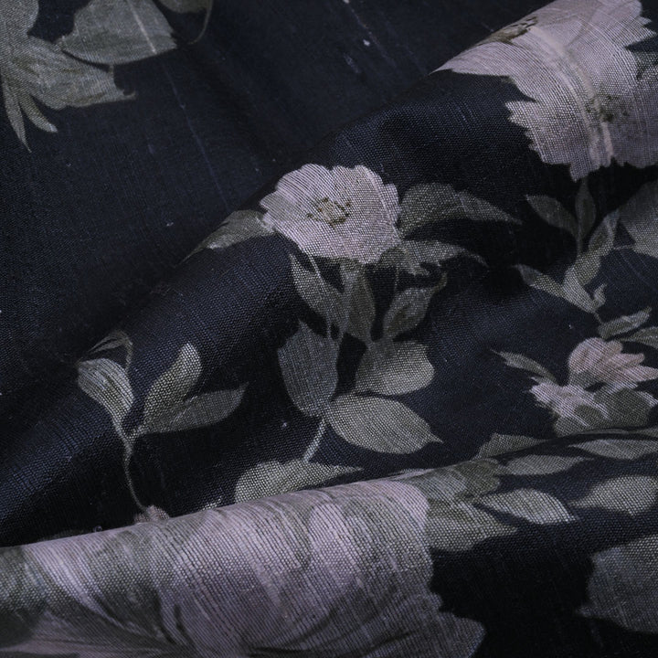 Jet Black Floral Printed Rawsilk Fabric