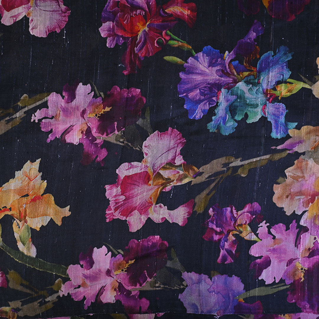 Night Black Floral Printed Raw Silk Fabric