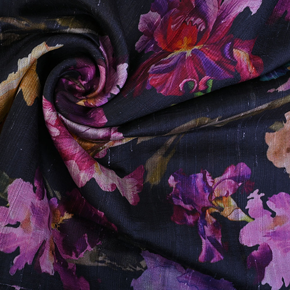 Night Black Floral Printed Raw Silk Fabric