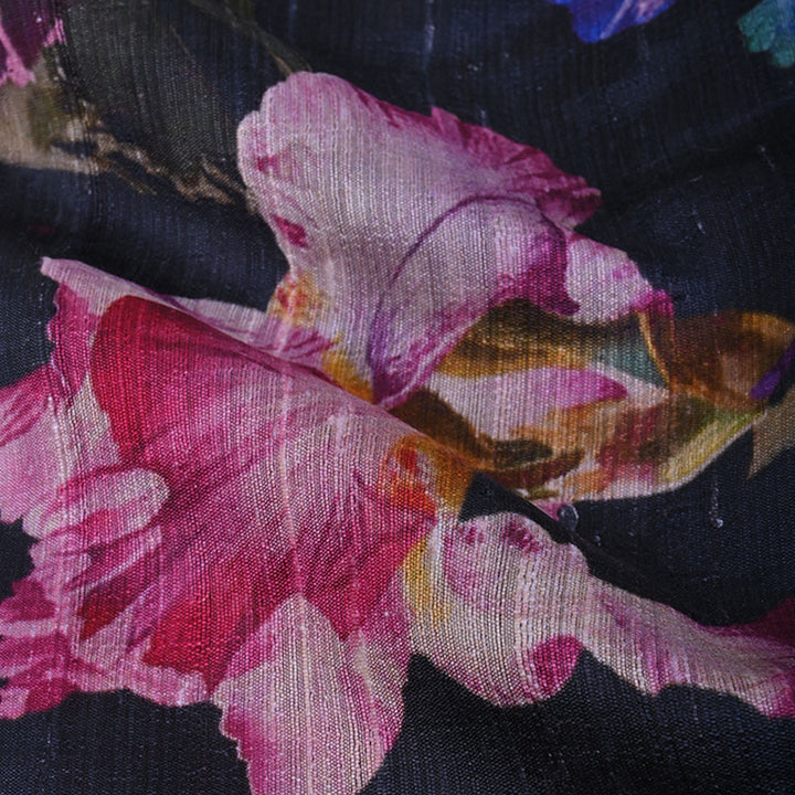 Night Black Floral Printed Raw Silk Fabric