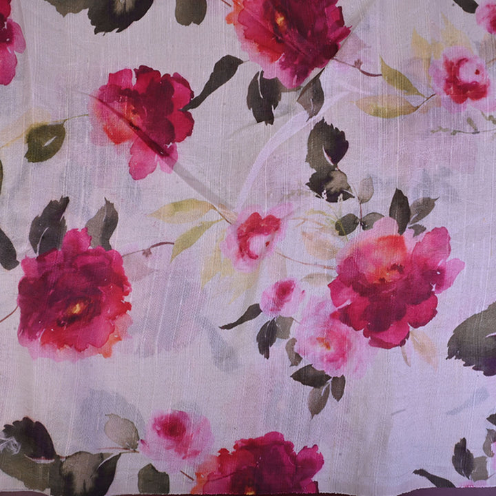 Half White Floral Printed Raw Silk Fabric