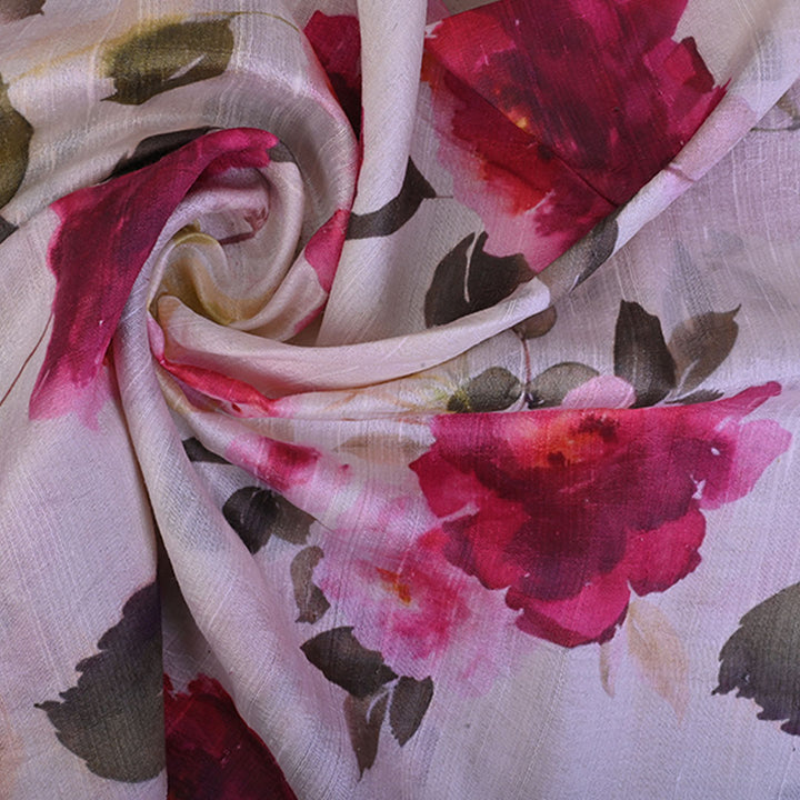 Half White Floral Printed Raw Silk Fabric