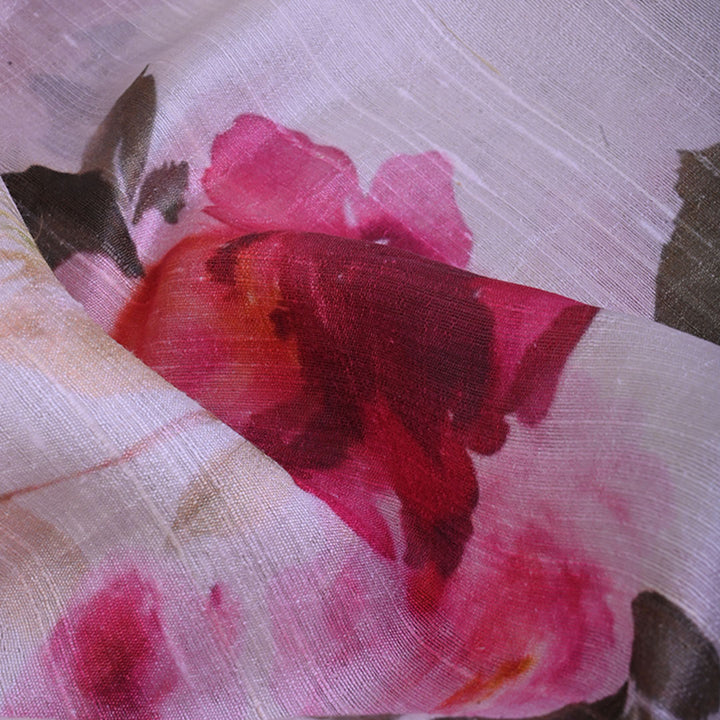 Half White Floral Printed Raw Silk Fabric