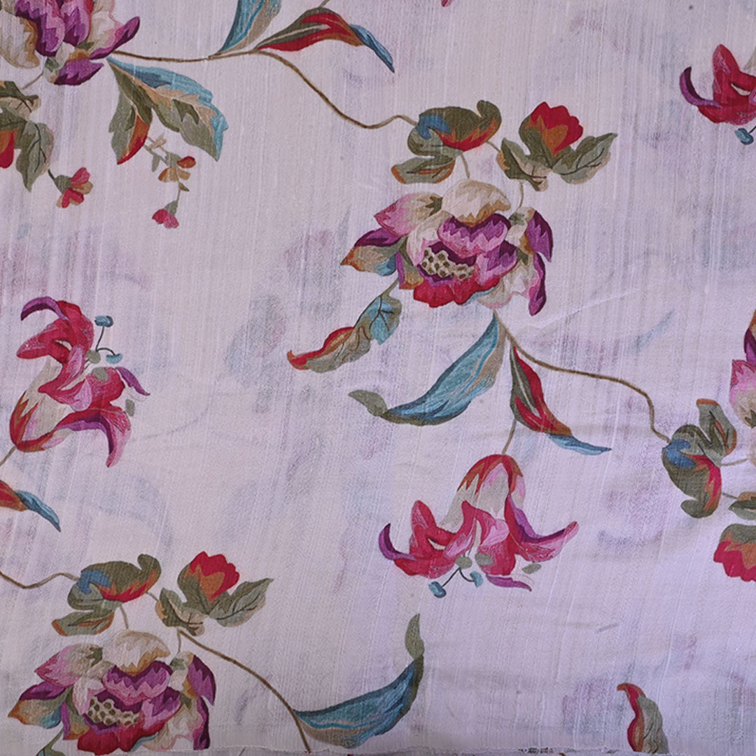 Pearl White Floral Printed Raw Silk Fabric