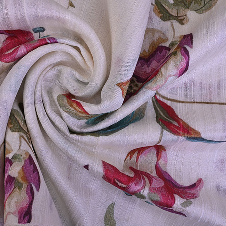 Pearl White Floral Printed Raw Silk Fabric