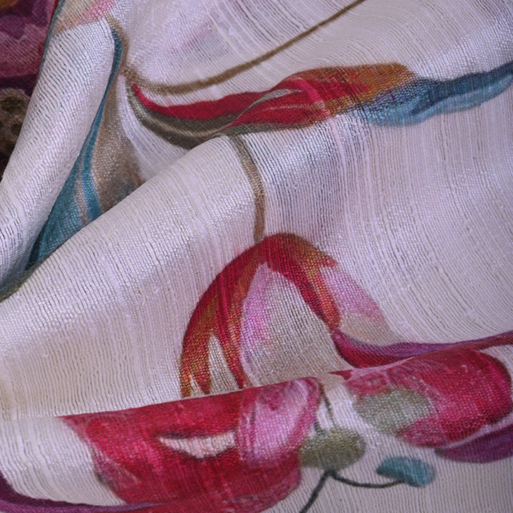 Pearl White Floral Printed Raw Silk Fabric