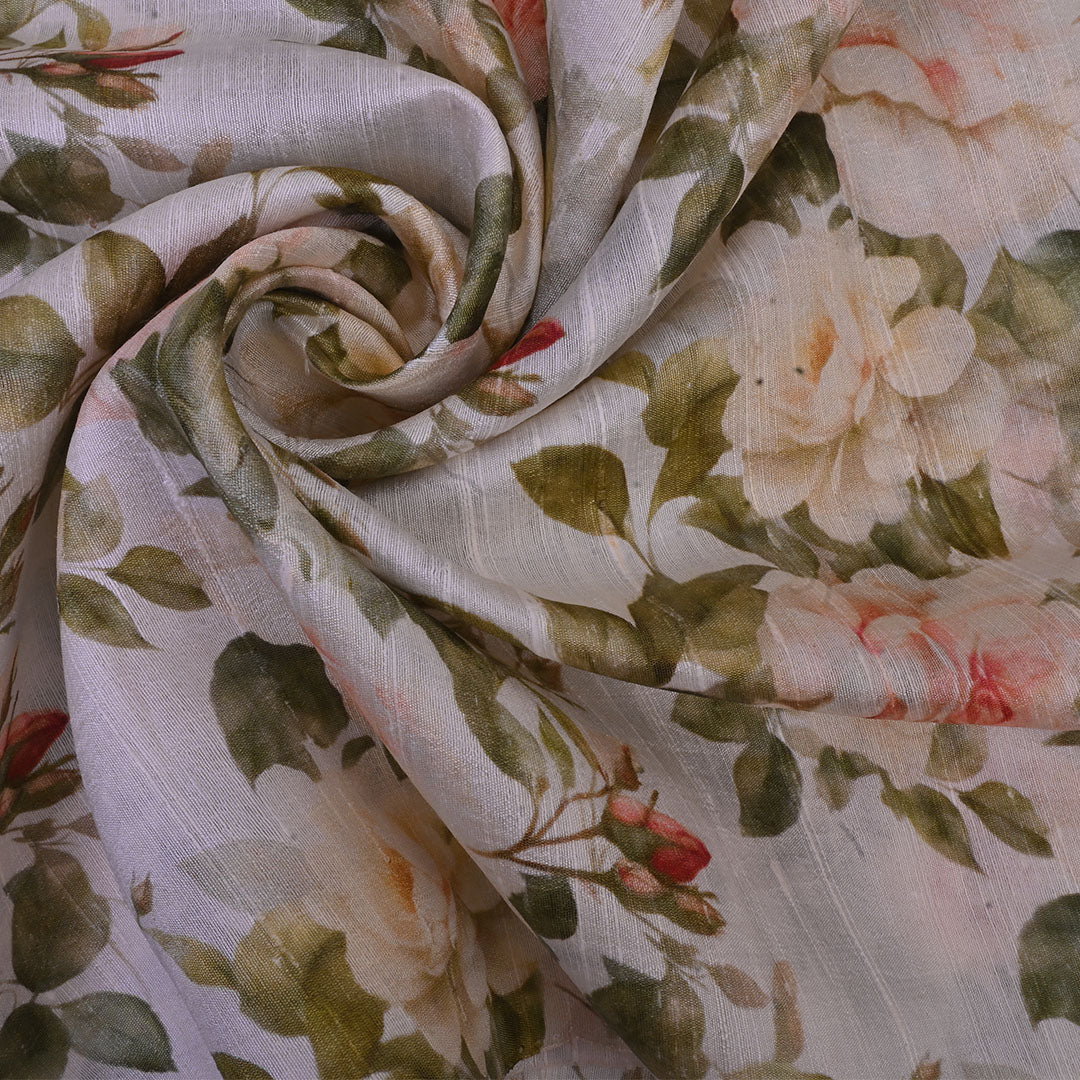 Off-White Floral Printed Raw Silk Fabric