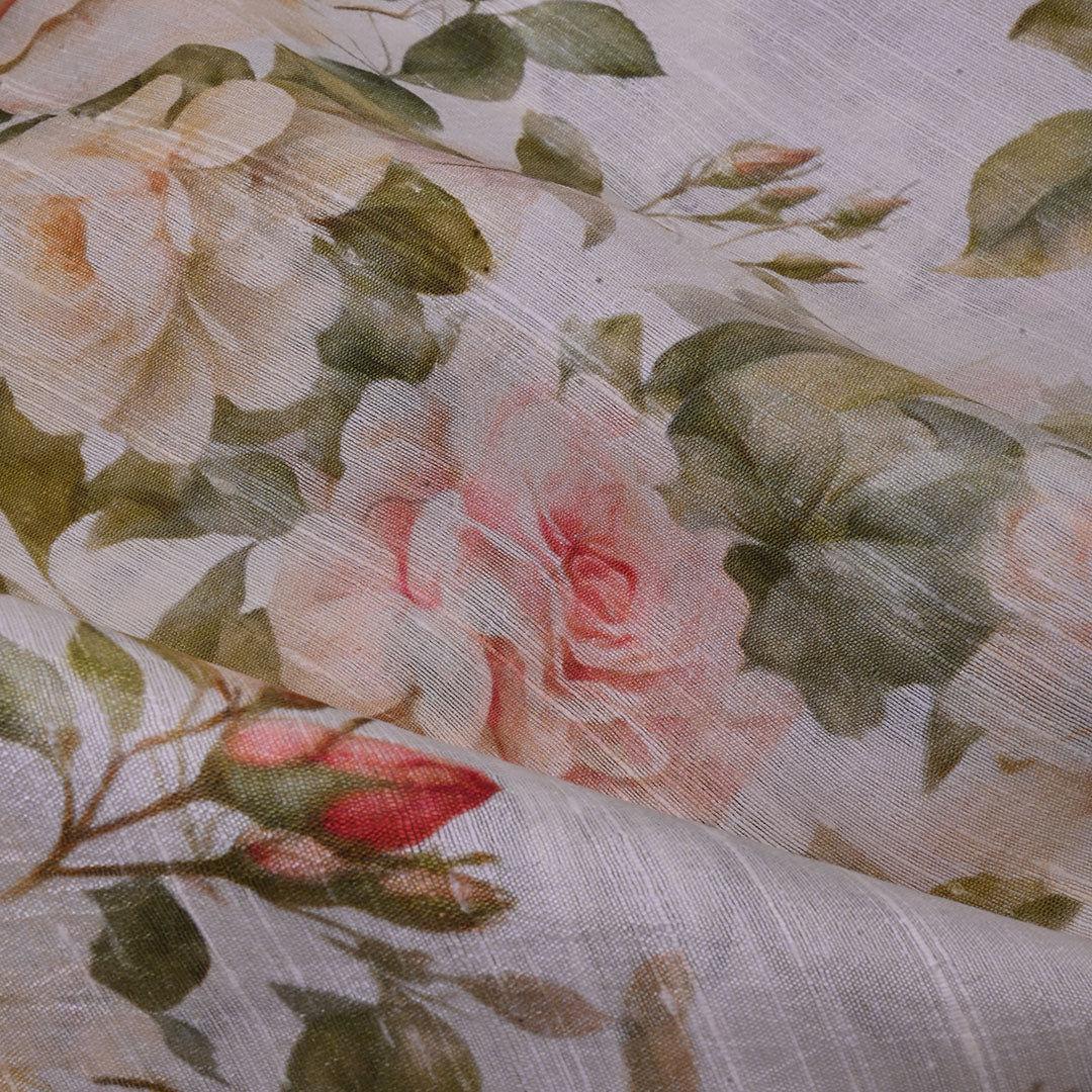 Off-White Floral Printed Rawsilk Fabric