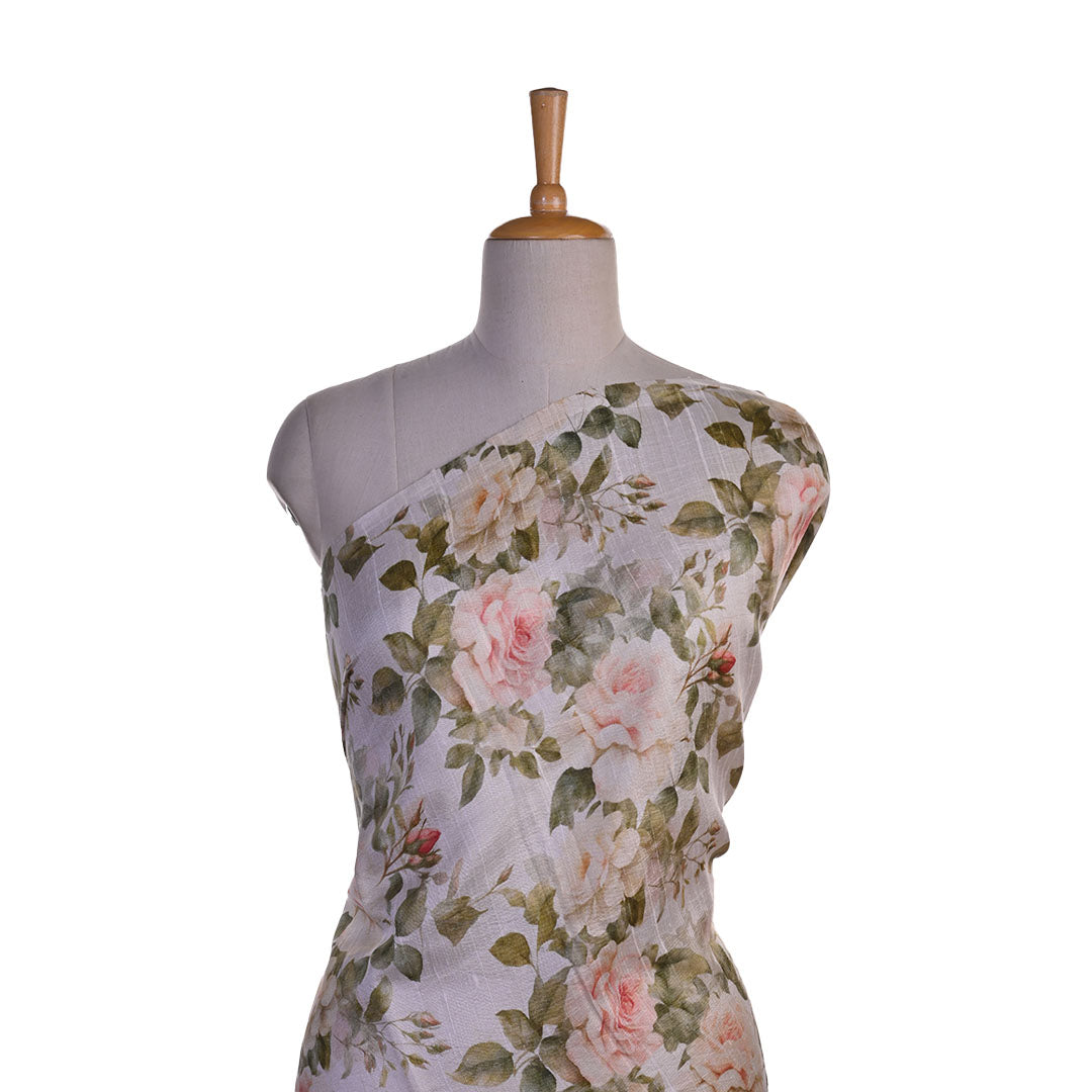 Off-White Floral Printed Raw Silk Fabric