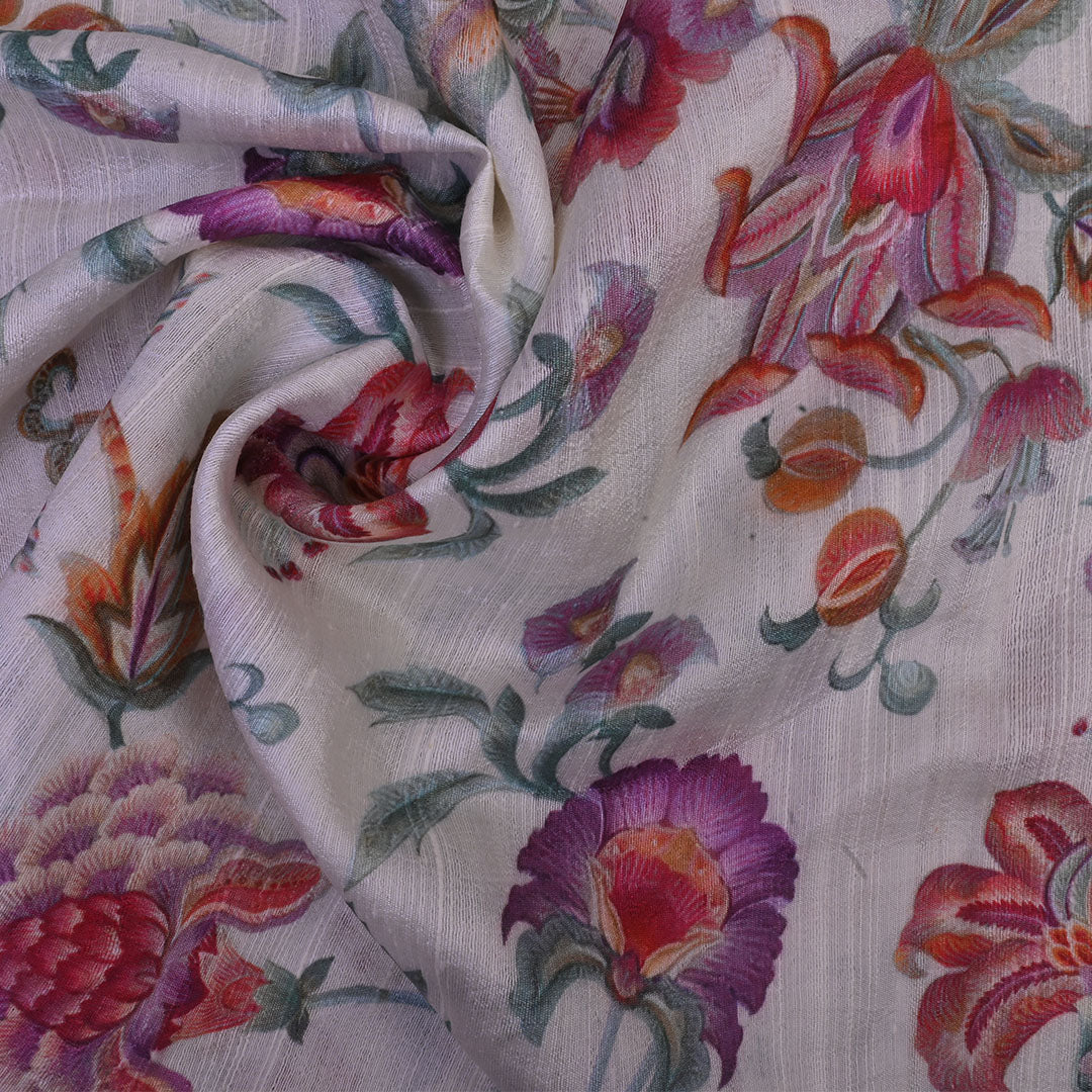 Milk White Floral Printed Rawsilk Fabric