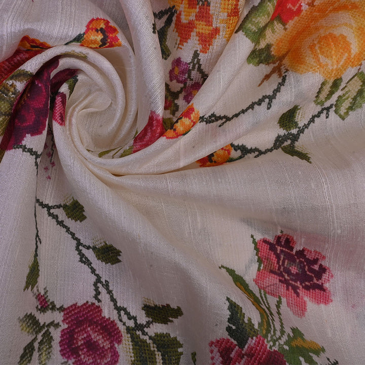 Ivory White Floral Printed Rawsilk Fabric