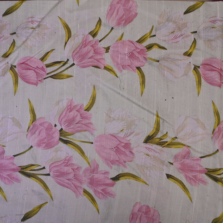 Pale Yellow Floral Printed Rawsilk Fabric