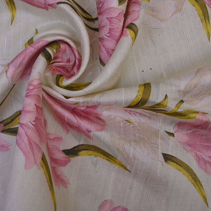 Pale Yellow Floral Printed Rawsilk Fabric