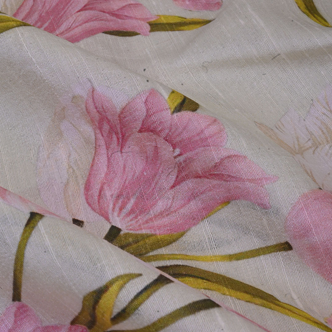 Pale Yellow Floral Printed Rawsilk Fabric