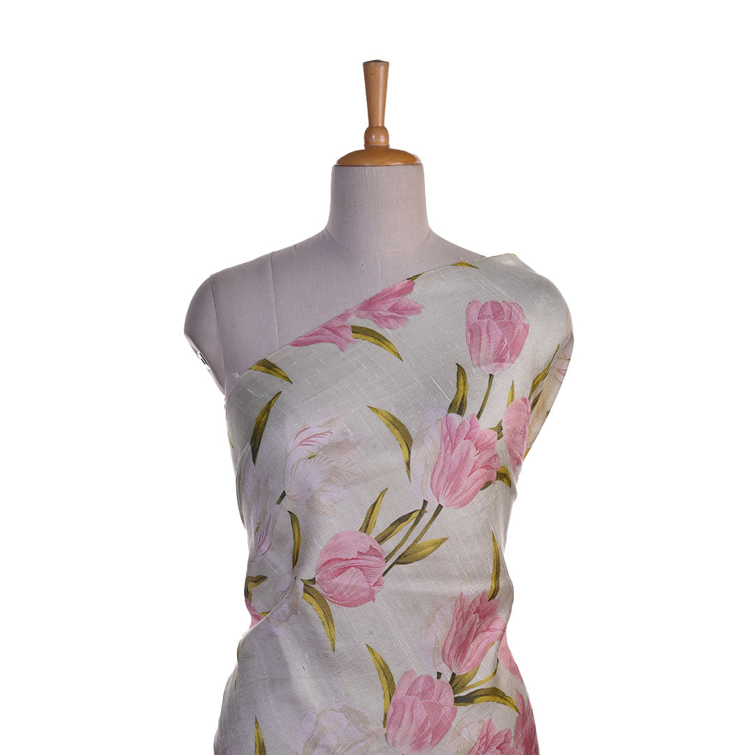 Pale Yellow Floral Printed Rawsilk Fabric