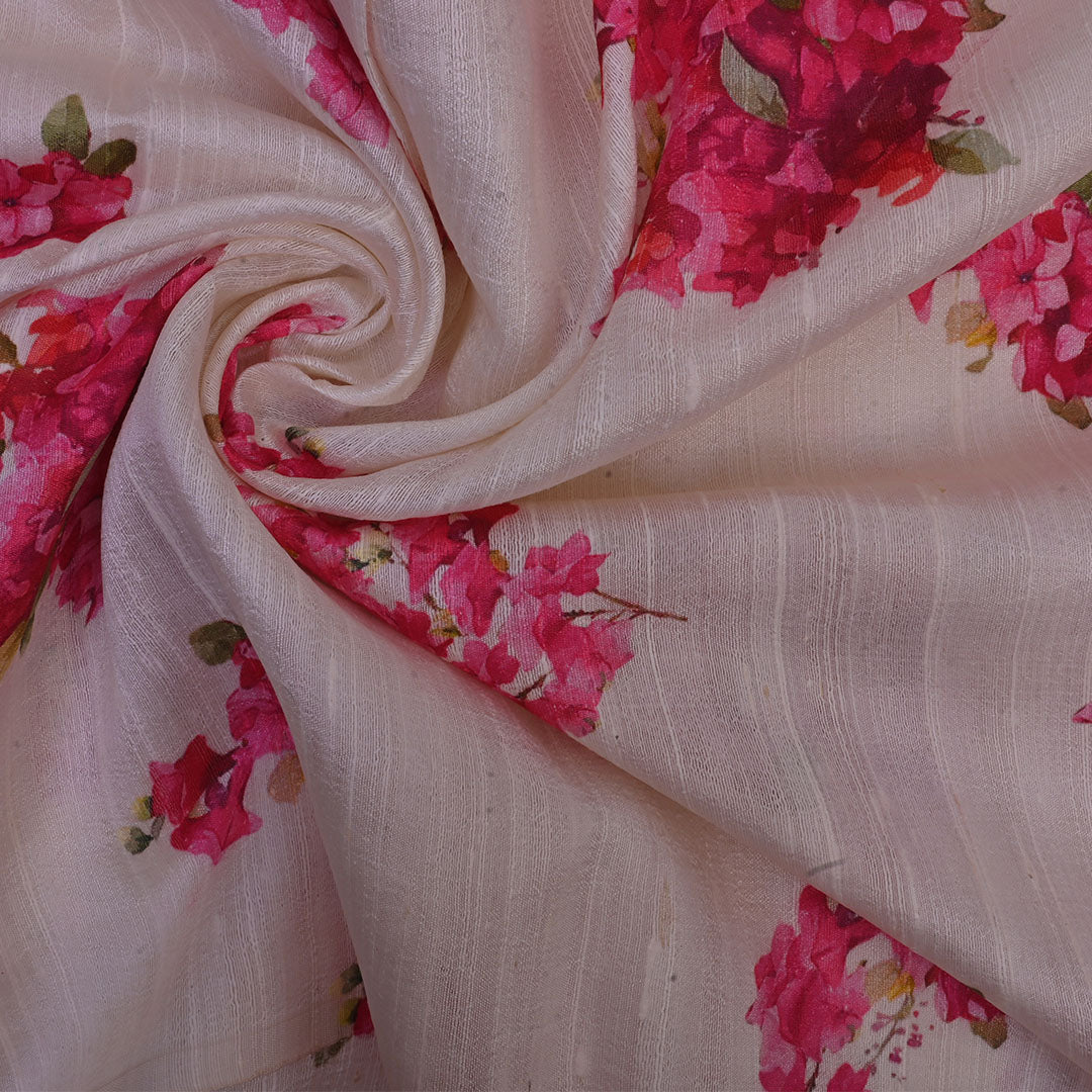 Pastel Cream Floral Printed Rawsilk Fabric