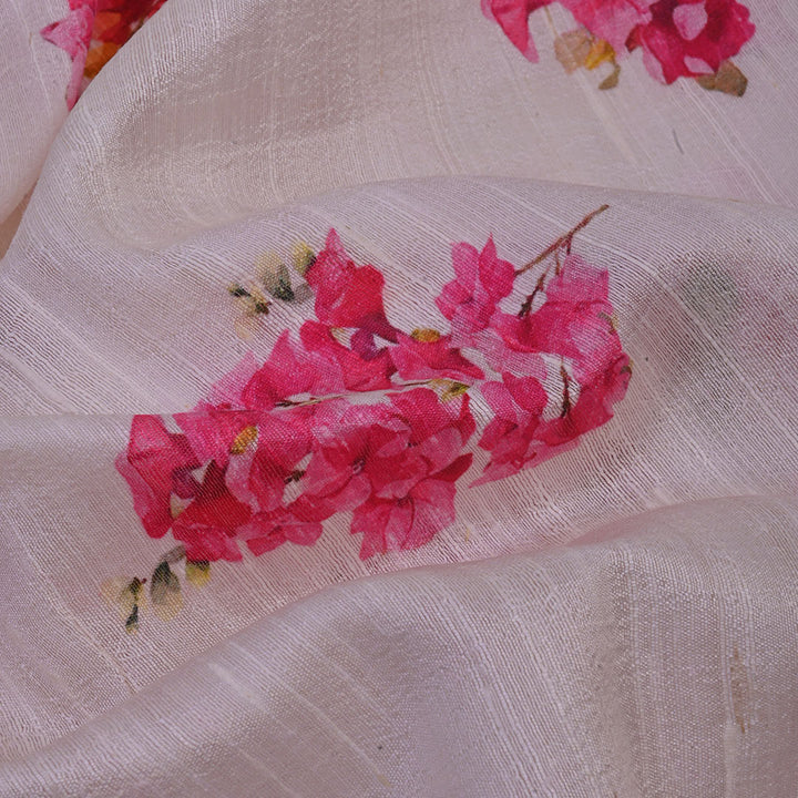 Pastel Cream Floral Printed Rawsilk Fabric