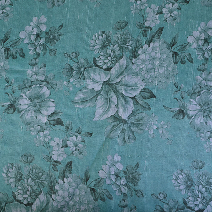 Sea Green Floral Printed Raw Silk Fabric