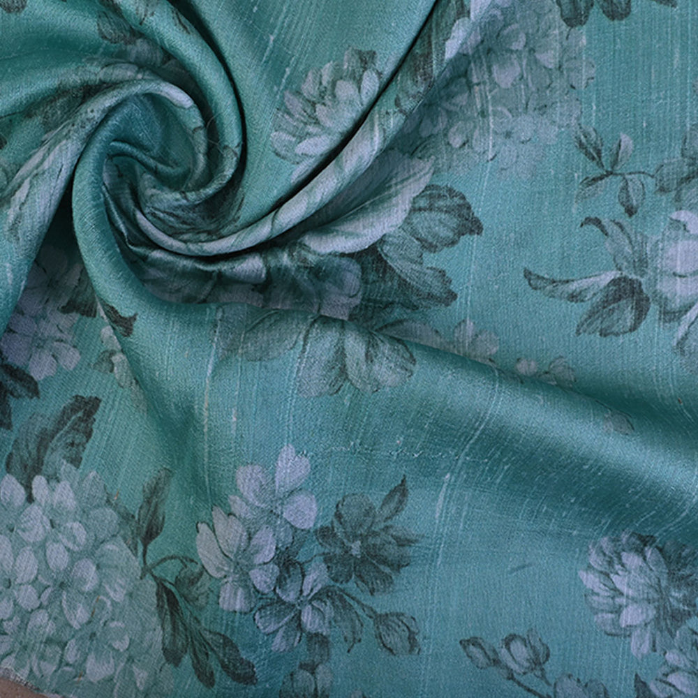 Sea Green Floral Printed Raw Silk Fabric