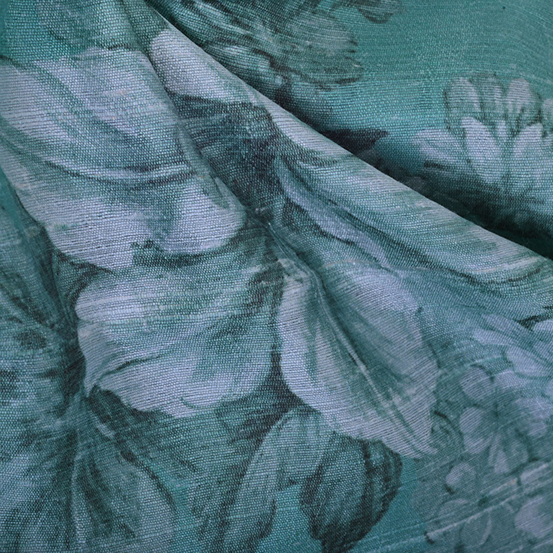 Sea Green Floral Printed Raw Silk Fabric