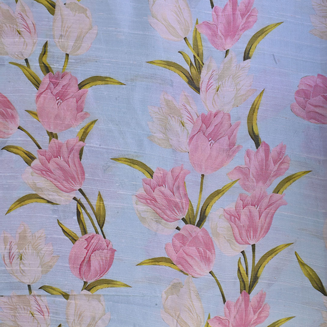 Pastel Blue Floral Printed Raw Silk Fabric