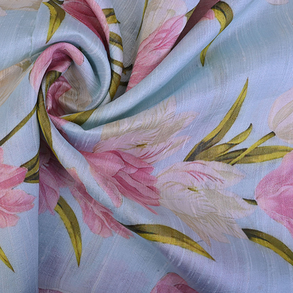 Pastel Blue Floral Printed Raw Silk Fabric