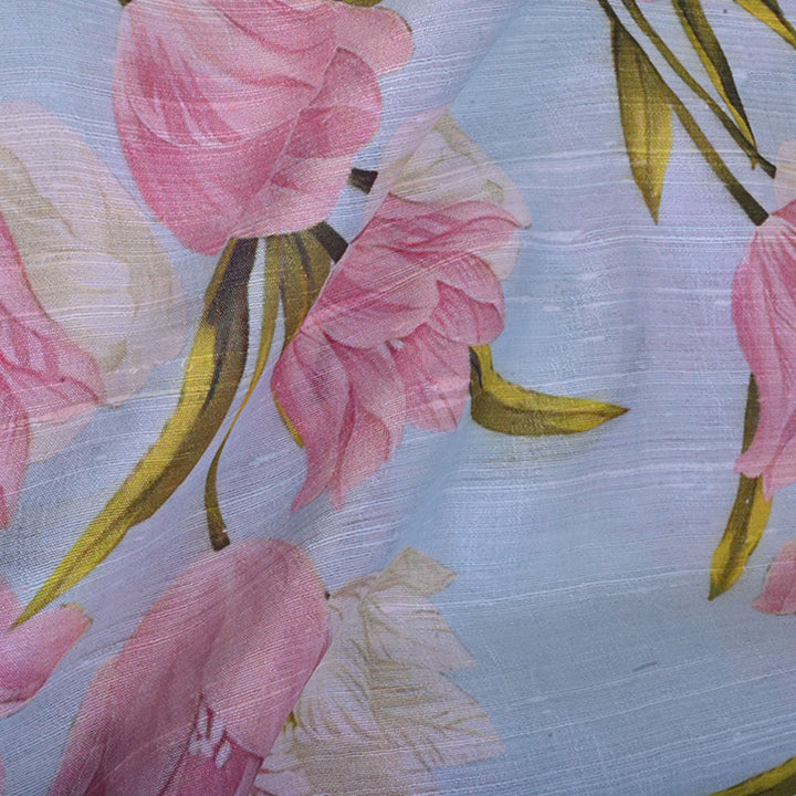 Pastel Blue Floral Printed Raw Silk Fabric