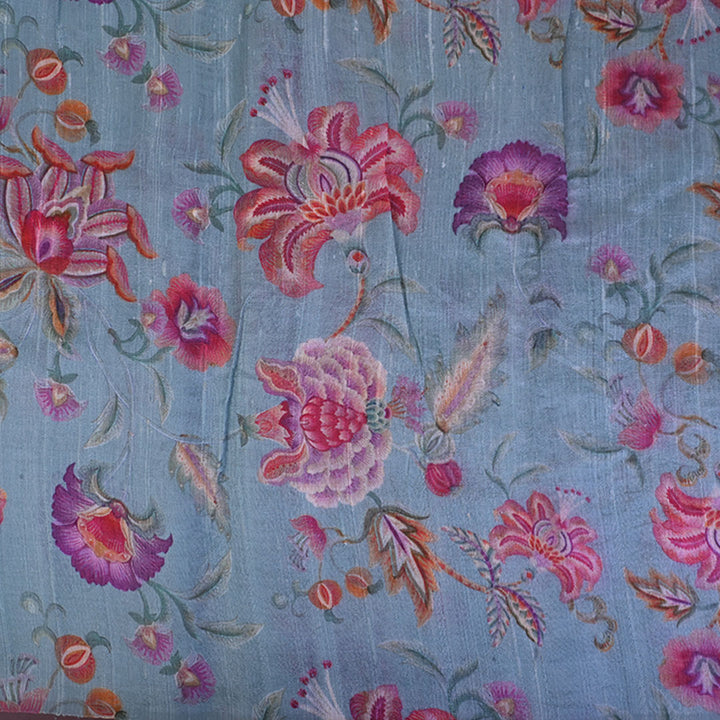 Celeste Blue Floral Printed Raw Silk Fabric