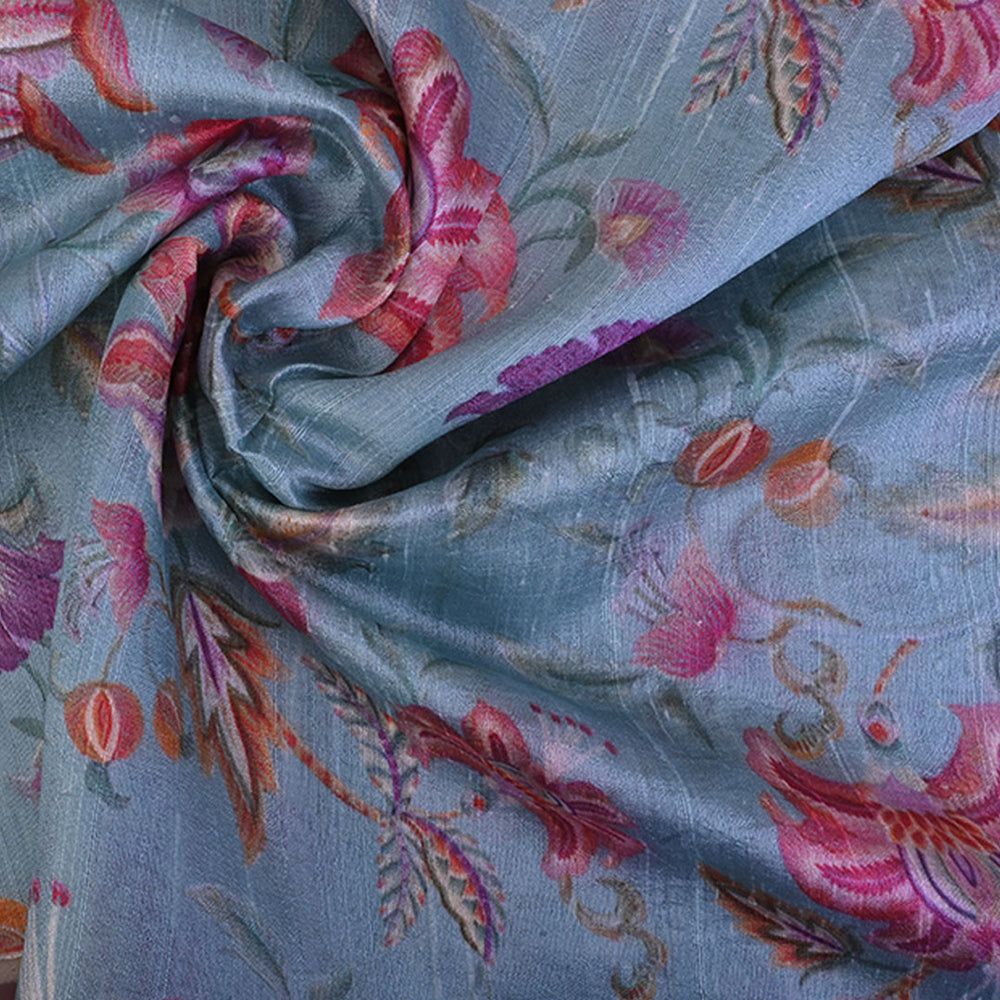 Celeste Blue Floral Printed Raw Silk Fabric